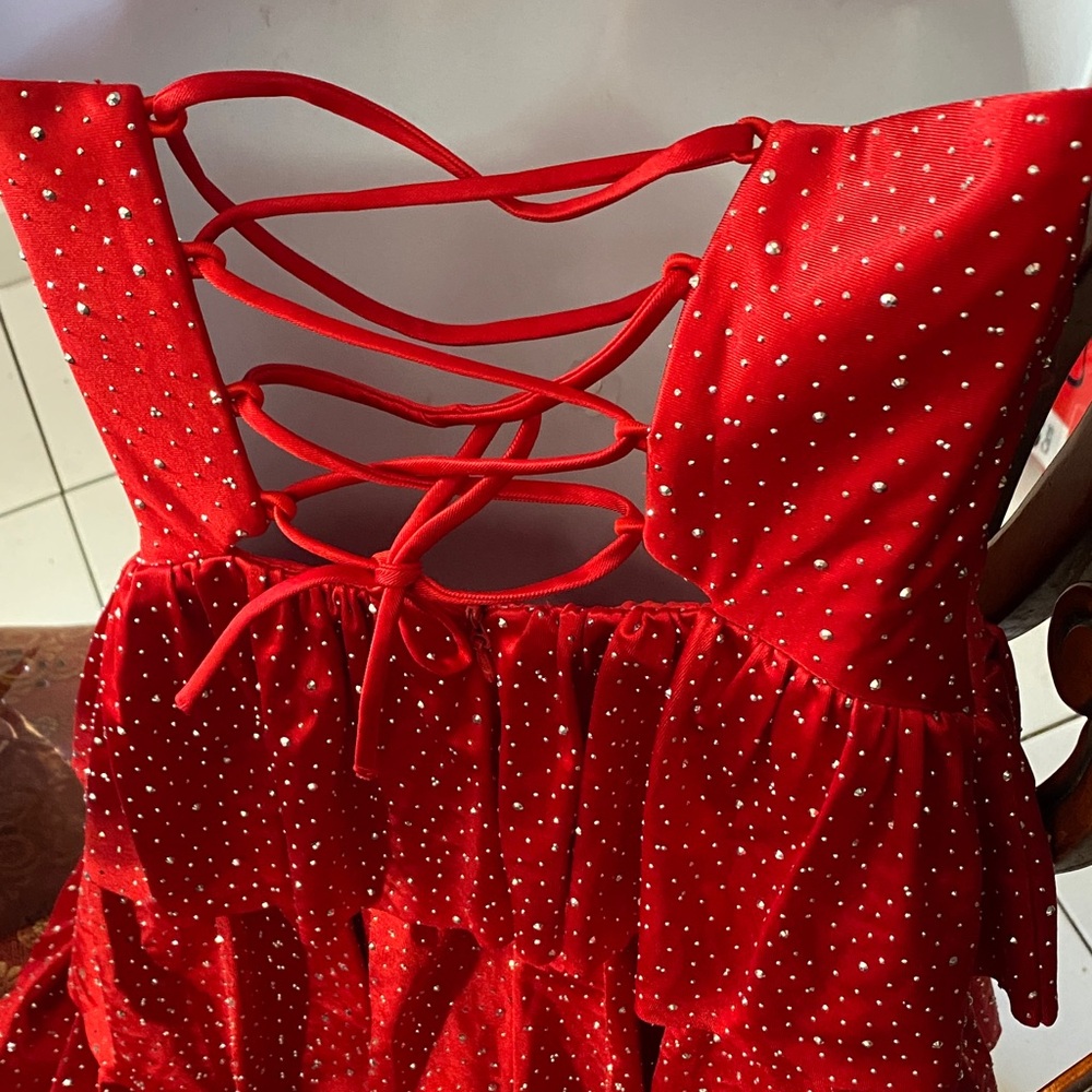 Red Strapless Ruffled Dress - Picture 5 of 9